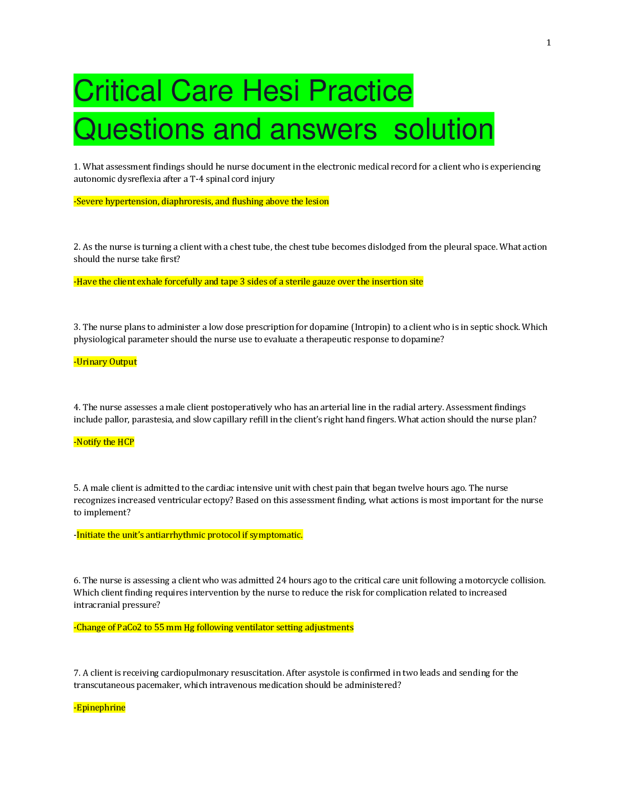 Preview of Critical Care Hesi Practice Questions and answers solution